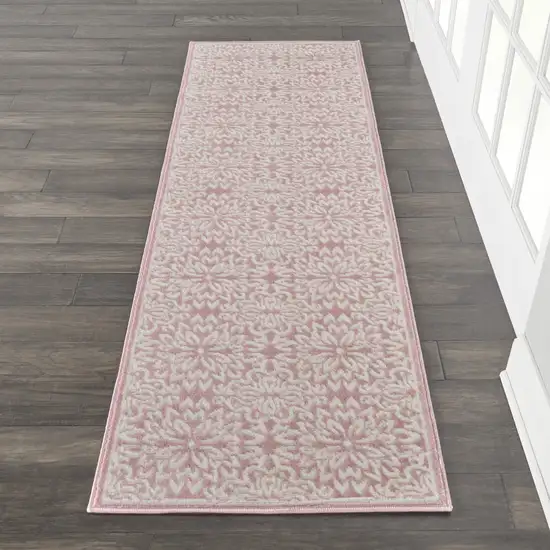 6' Pink And Ivory Floral Runner Rug Photo 5
