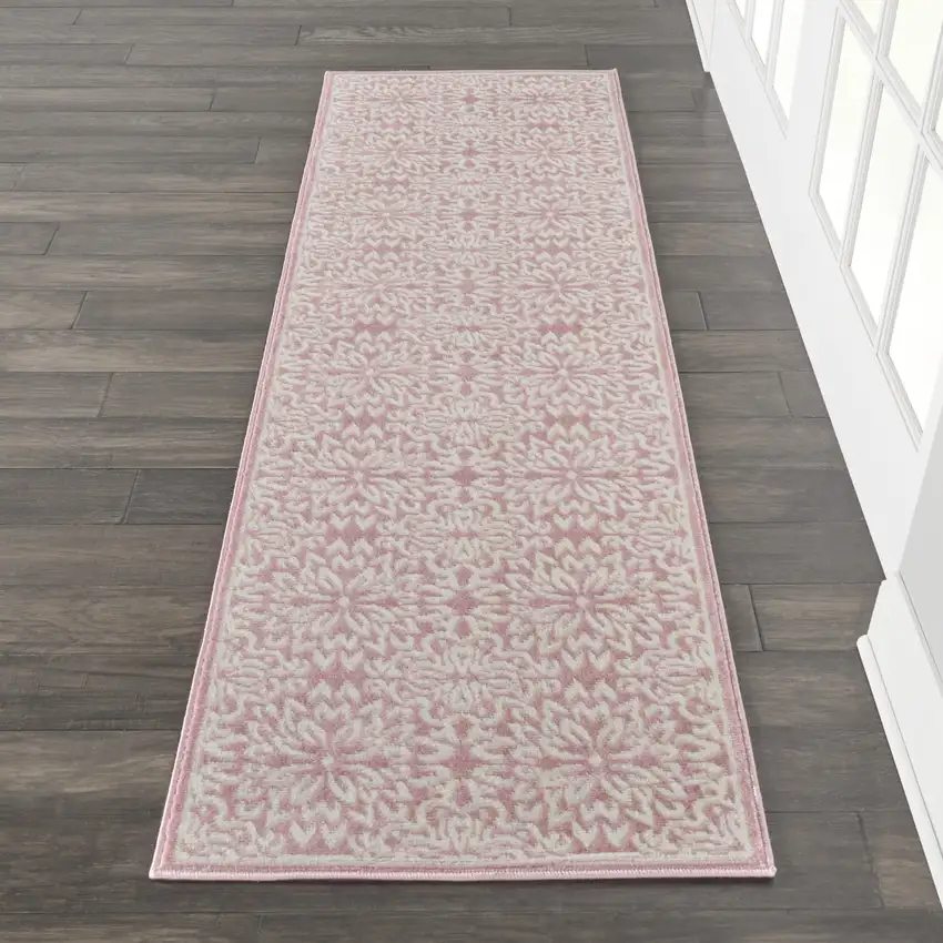 6' Pink And Ivory Floral Runner Rug Photo 5