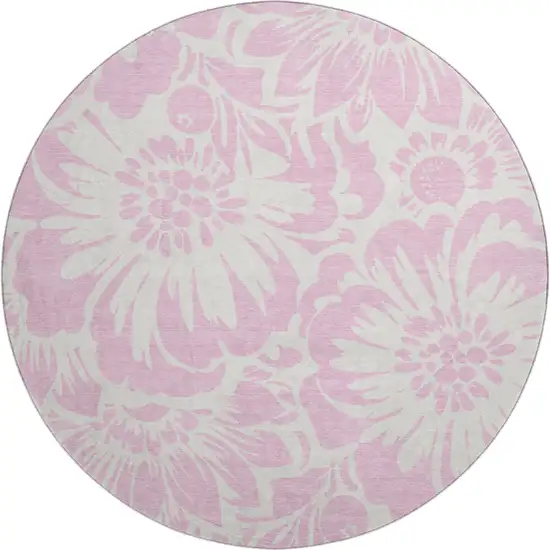 8' Pink And Ivory Floral Washable Round Rug With UV Protection Photo 1