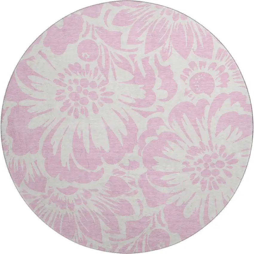 8' Pink And Ivory Floral Washable Round Rug With UV Protection Photo 1