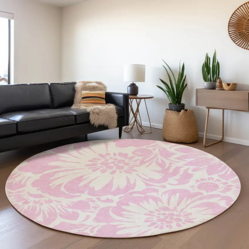 8' Pink And Ivory Floral Washable Round Rug With UV Protection Photo 5