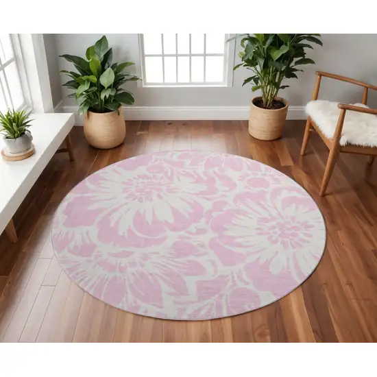 8' Pink And Ivory Floral Washable Round Rug With UV Protection Photo 2
