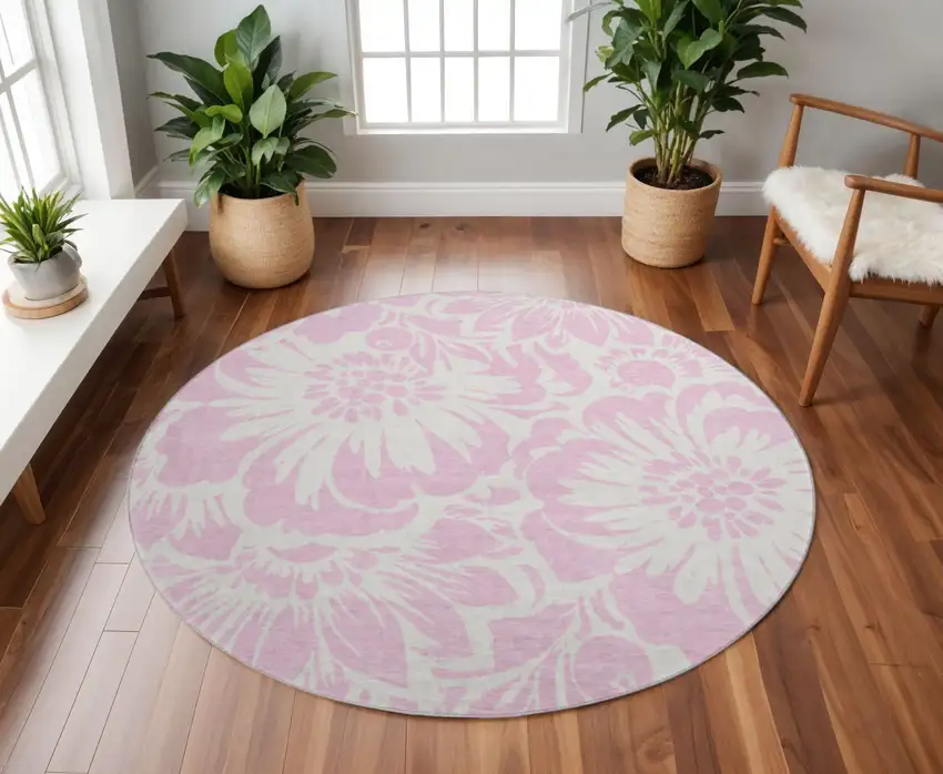 8' Pink And Ivory Floral Washable Round Rug With UV Protection Photo 2