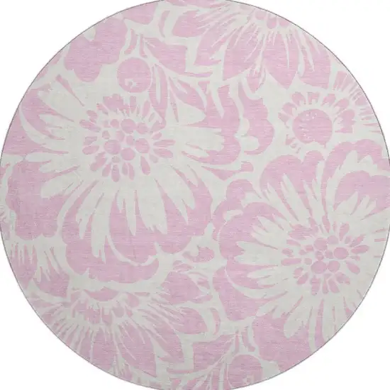 8' Pink And Ivory Floral Washable Round Rug With UV Protection Photo 4