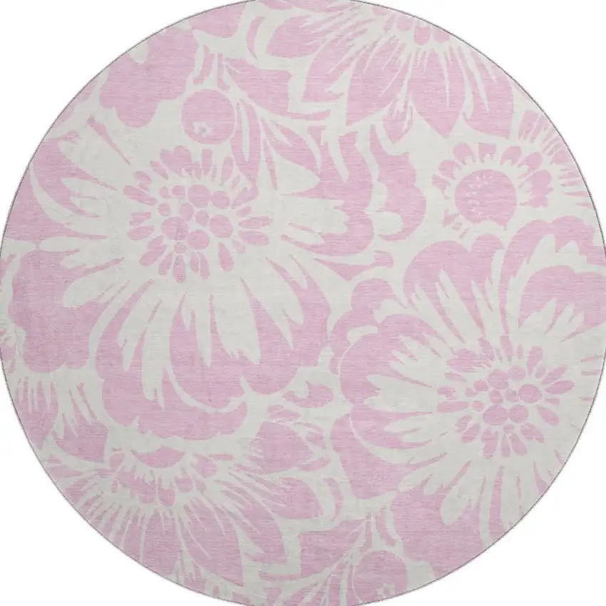 8' Pink And Ivory Floral Washable Round Rug With UV Protection Photo 4
