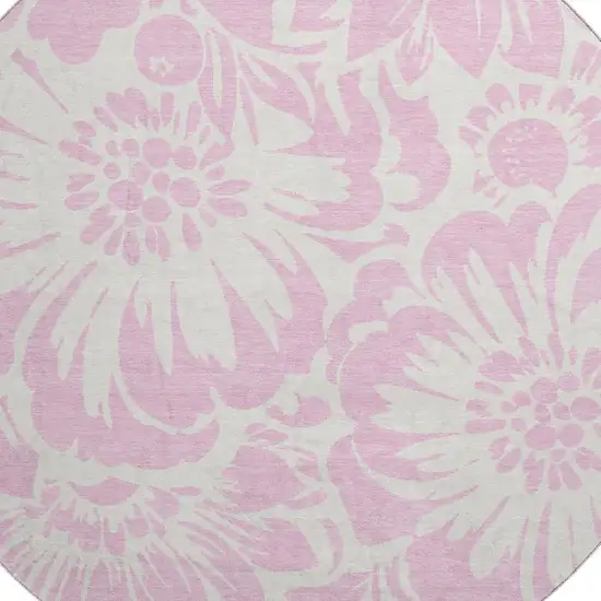 8' Pink And Ivory Floral Washable Round Rug With UV Protection Photo 3