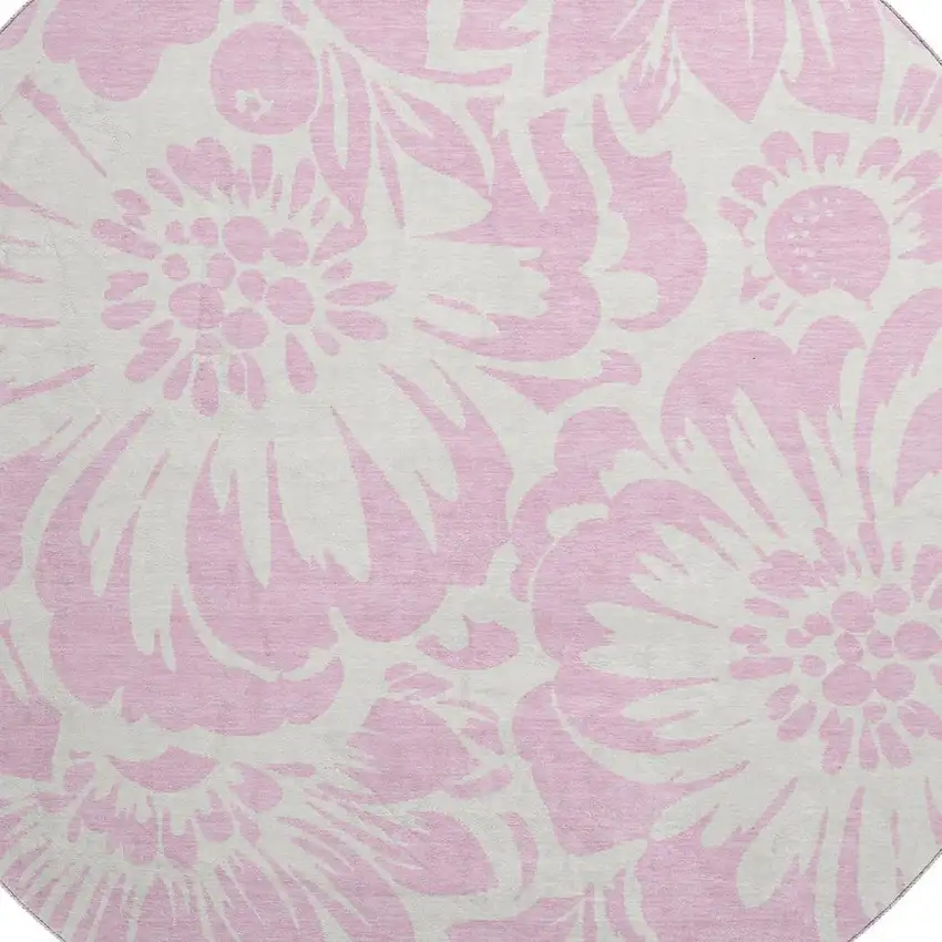 8' Pink And Ivory Floral Washable Round Rug With UV Protection Photo 3