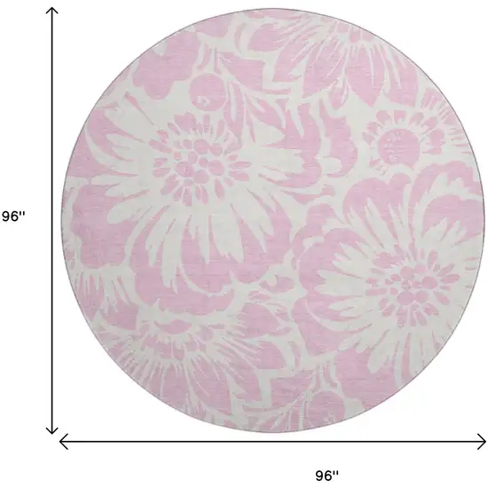 8' Pink And Ivory Floral Washable Round Rug With UV Protection Photo 3