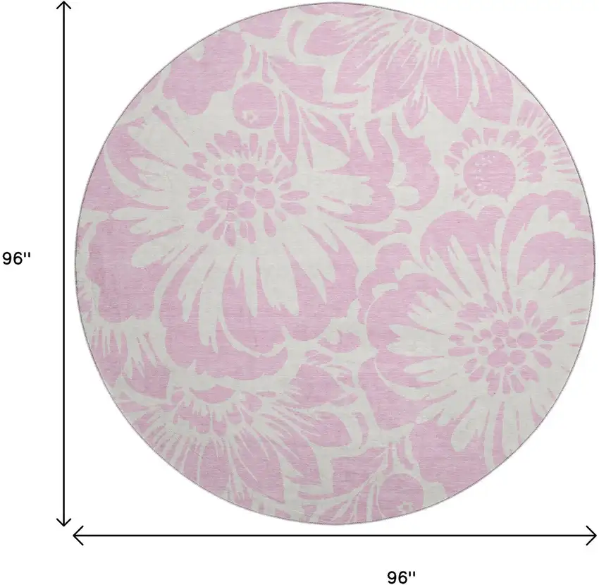 8' Pink And Ivory Floral Washable Round Rug With UV Protection Photo 3