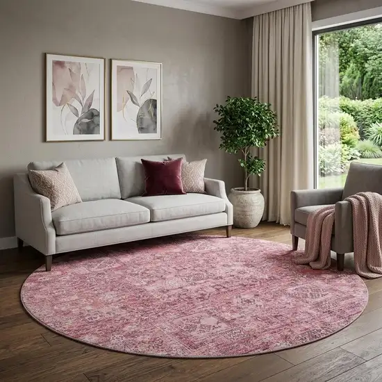 8' Pink And Ivory Floral Washable Round Rug With UV Protection Photo 1