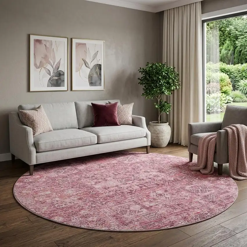 8' Pink And Ivory Floral Washable Round Rug With UV Protection Photo 1