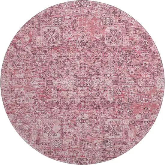 8' Pink And Ivory Floral Washable Round Rug With UV Protection Photo 1