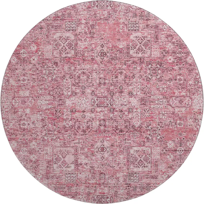 8' Pink And Ivory Floral Washable Round Rug With UV Protection Photo 1