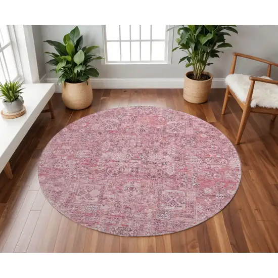 8' Pink And Ivory Floral Washable Round Rug With UV Protection Photo 2