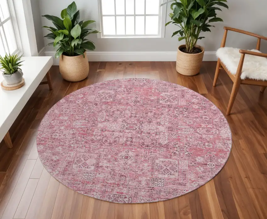 8' Pink And Ivory Floral Washable Round Rug With UV Protection Photo 2