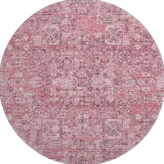 8' Pink And Ivory Floral Washable Round Rug With UV Protection Photo 3