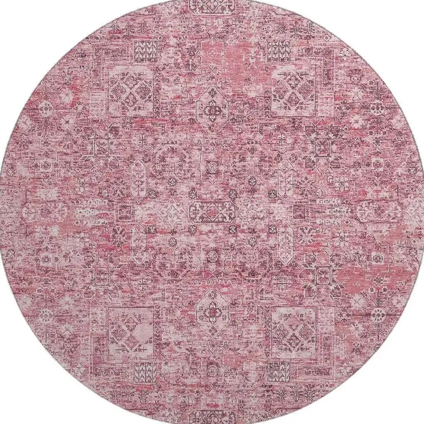 8' Pink And Ivory Floral Washable Round Rug With UV Protection Photo 3