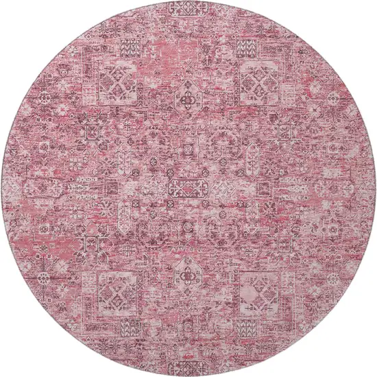 8' Pink And Ivory Floral Washable Round Rug With UV Protection Photo 4