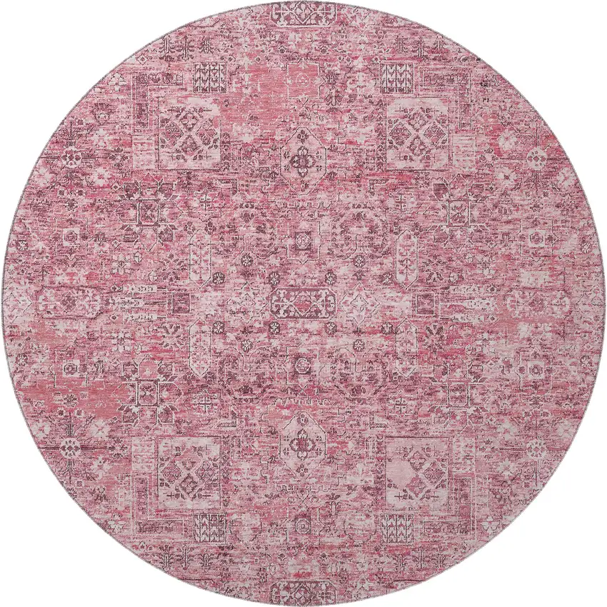 8' Pink And Ivory Floral Washable Round Rug With UV Protection Photo 4