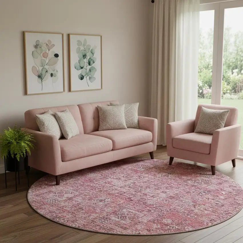 8' Pink And Ivory Floral Washable Round Rug With UV Protection Photo 1