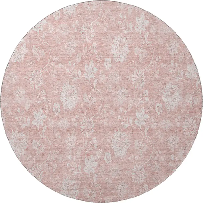 8' Pink And Ivory Floral Washable Round Rug With UV Protection Photo 4