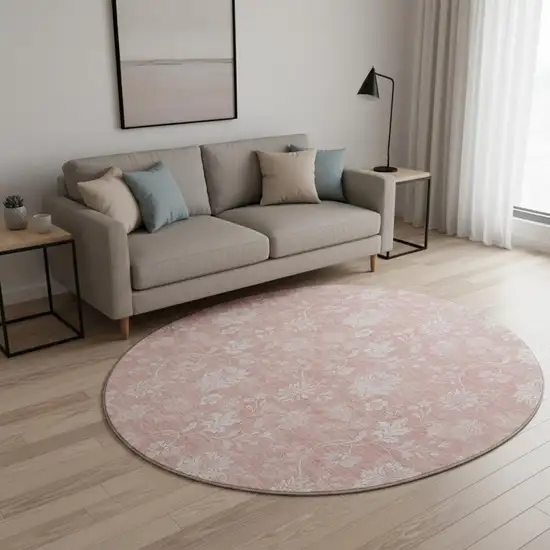 8' Pink And Ivory Floral Washable Round Rug With UV Protection Photo 2
