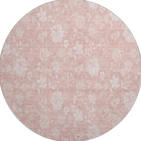 8' Pink And Ivory Floral Washable Round Rug With UV Protection Photo 3