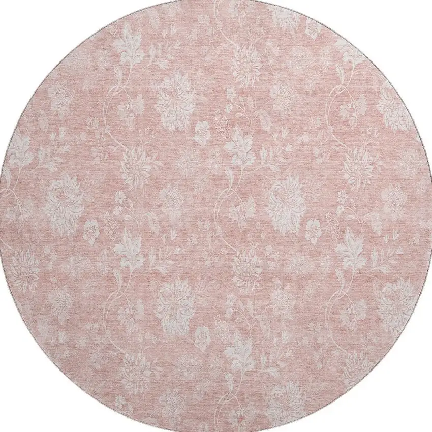 8' Pink And Ivory Floral Washable Round Rug With UV Protection Photo 3