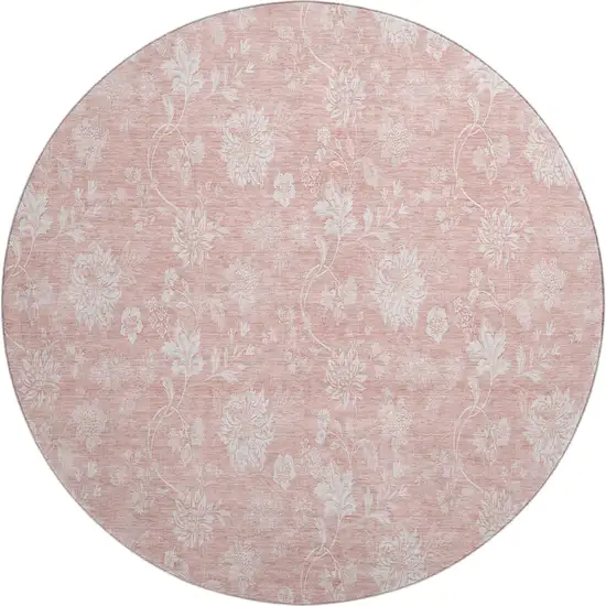 8' Pink And Ivory Floral Washable Round Rug With UV Protection Photo 1