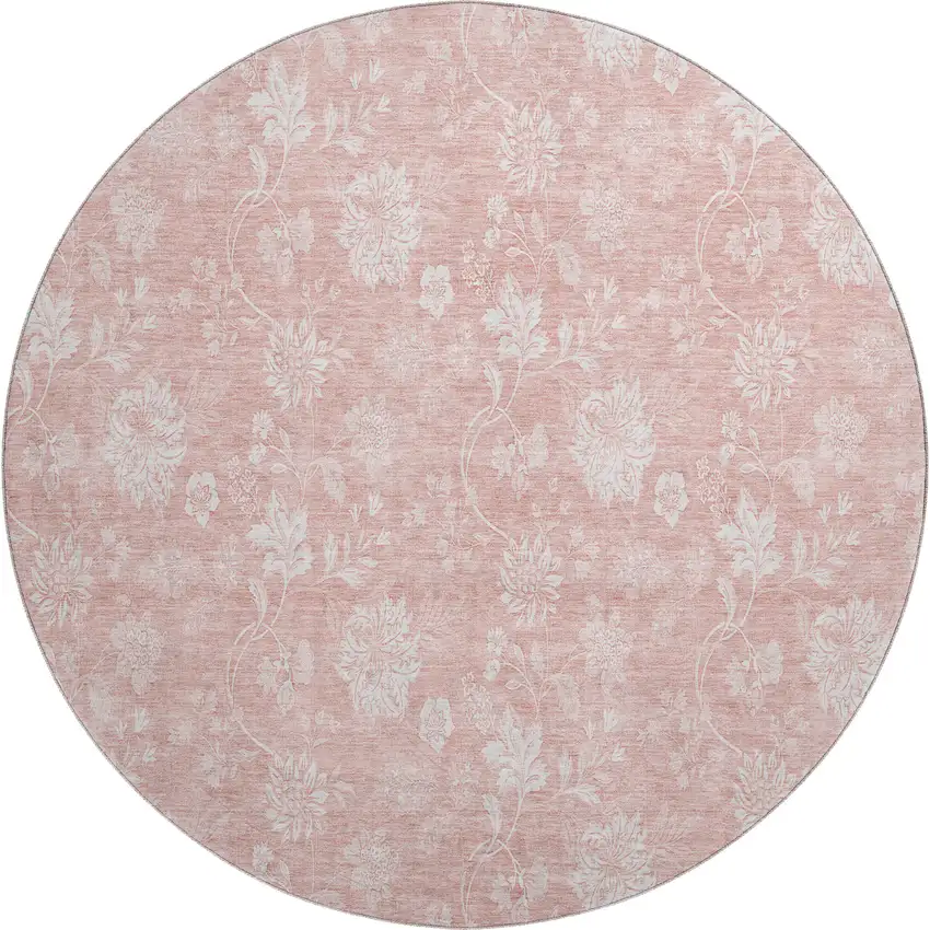 8' Pink And Ivory Floral Washable Round Rug With UV Protection Photo 1