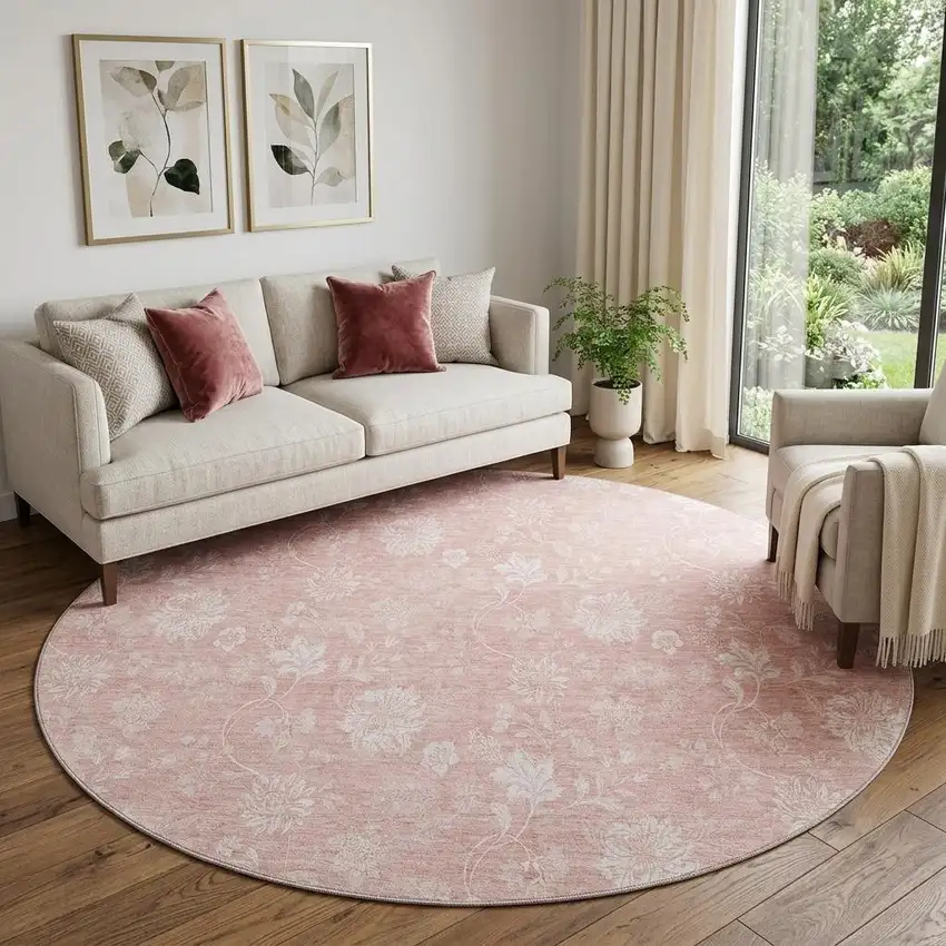 8' Pink And Ivory Floral Washable Round Rug With UV Protection Photo 1
