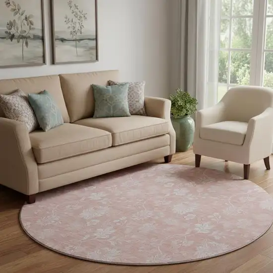 8' Pink And Ivory Floral Washable Round Rug With UV Protection Photo 1