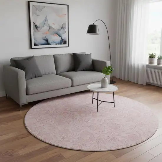 8' Pink And Ivory Floral Washable Round Rug With UV Protection Photo 2