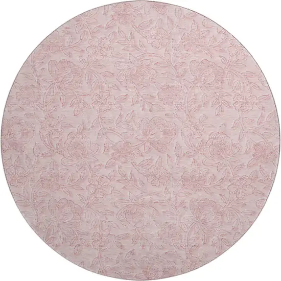 8' Pink And Ivory Floral Washable Round Rug With UV Protection Photo 1