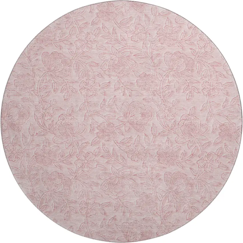 8' Pink And Ivory Floral Washable Round Rug With UV Protection Photo 1