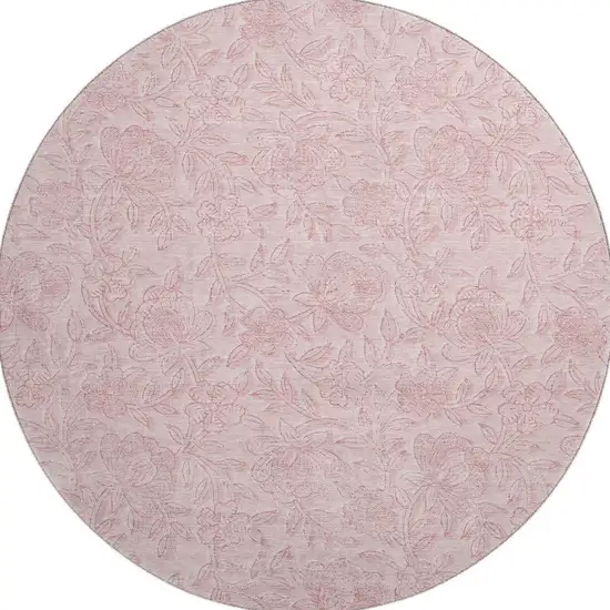 8' Pink And Ivory Floral Washable Round Rug With UV Protection Photo 4