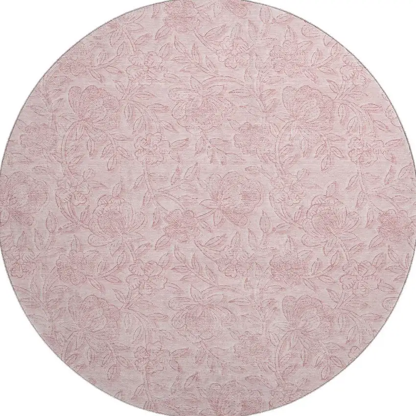 8' Pink And Ivory Floral Washable Round Rug With UV Protection Photo 4