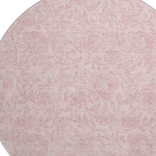 8' Pink And Ivory Floral Washable Round Rug With UV Protection Photo 3