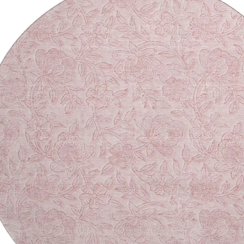 8' Pink And Ivory Floral Washable Round Rug With UV Protection Photo 3