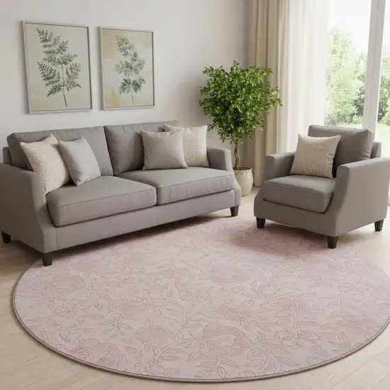 8' Pink And Ivory Floral Washable Round Rug With UV Protection Photo 1