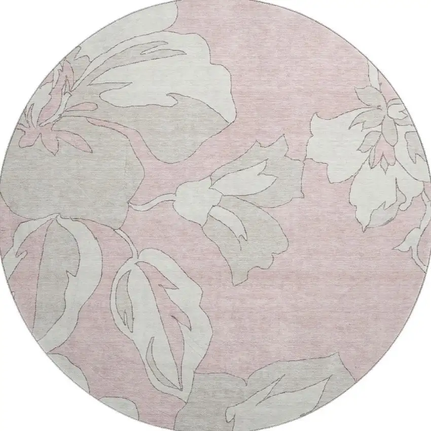 8' Pink And Ivory Floral Washable Round Rug With UV Protection Photo 4