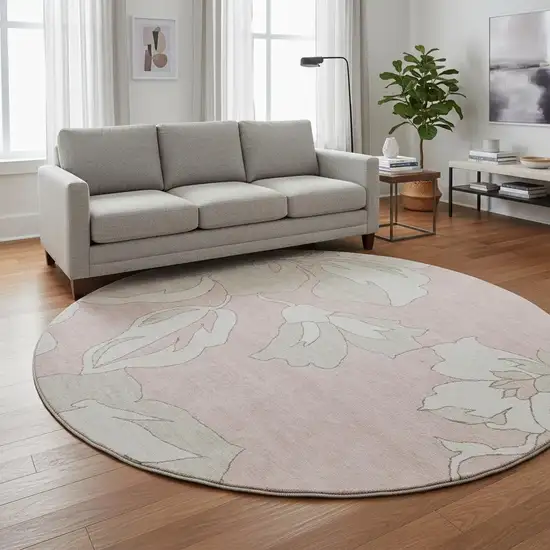 8' Pink And Ivory Floral Washable Round Rug With UV Protection Photo 2