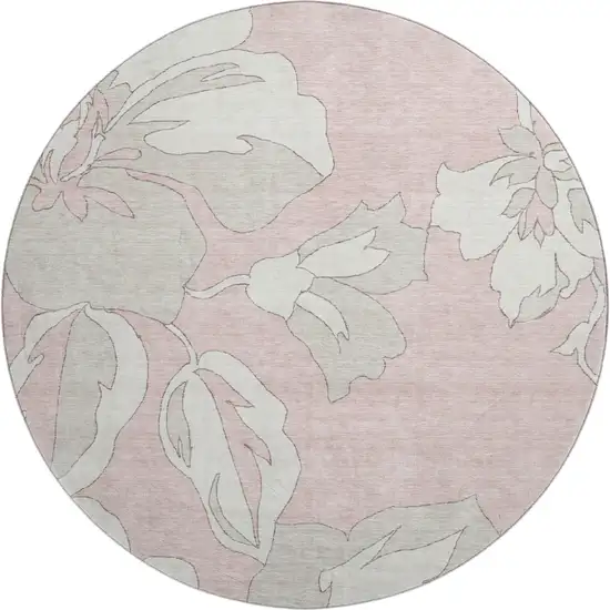 8' Pink And Ivory Floral Washable Round Rug With UV Protection Photo 1