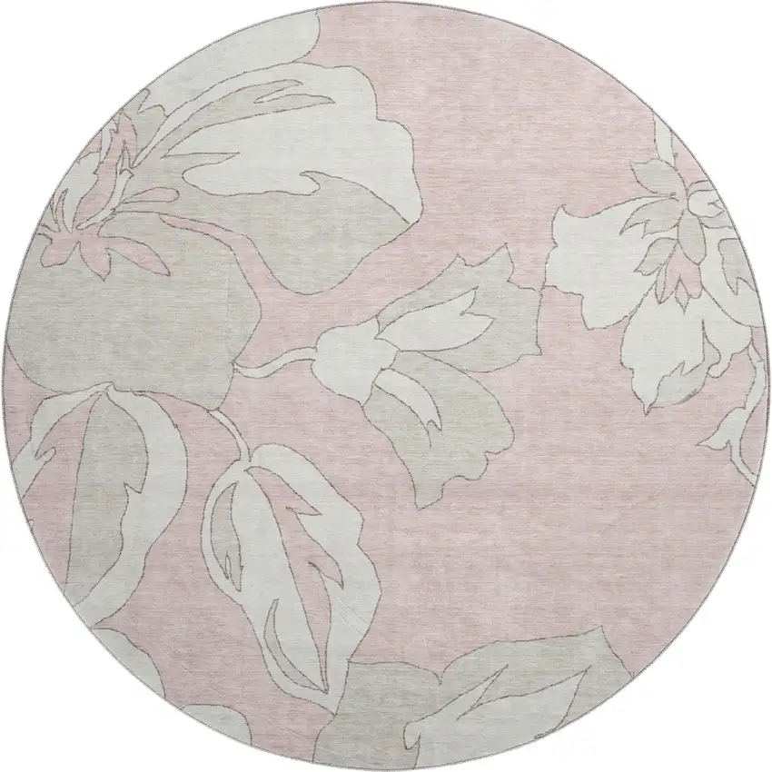 8' Pink And Ivory Floral Washable Round Rug With UV Protection Photo 1