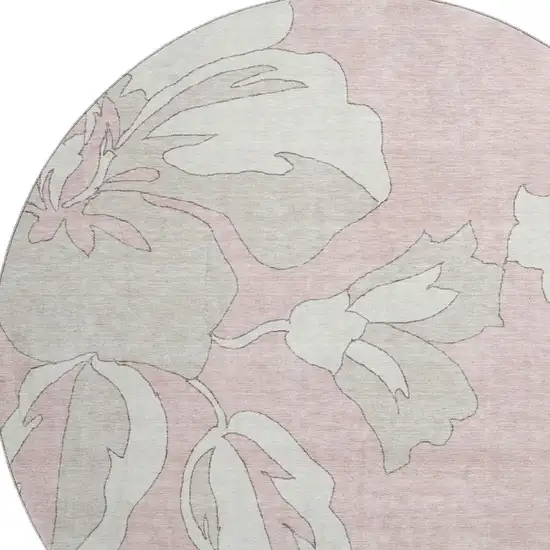 8' Pink And Ivory Floral Washable Round Rug With UV Protection Photo 3