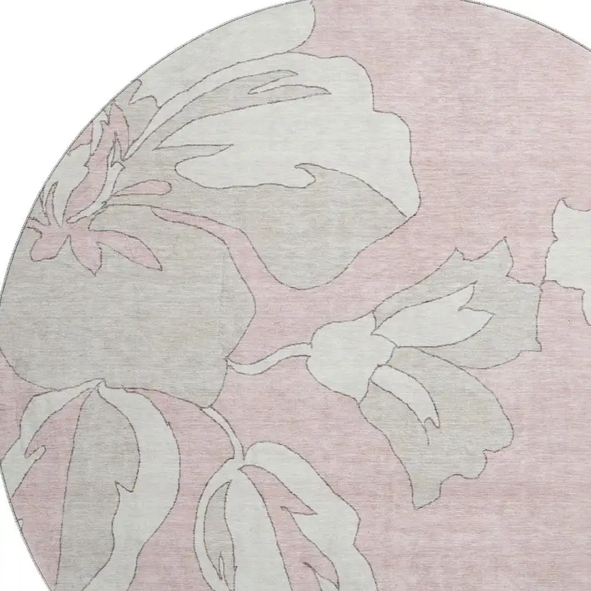 8' Pink And Ivory Floral Washable Round Rug With UV Protection Photo 3