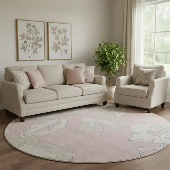8' Pink And Ivory Floral Washable Round Rug With UV Protection Photo 1