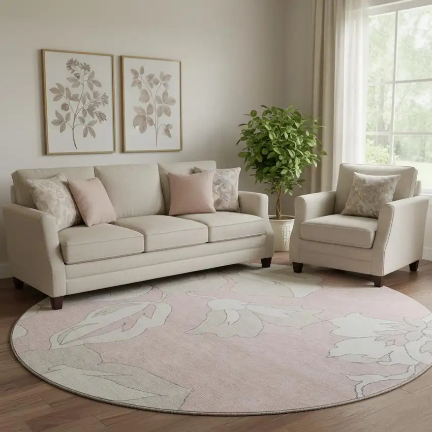 8' Pink And Ivory Floral Washable Round Rug With UV Protection Photo 1