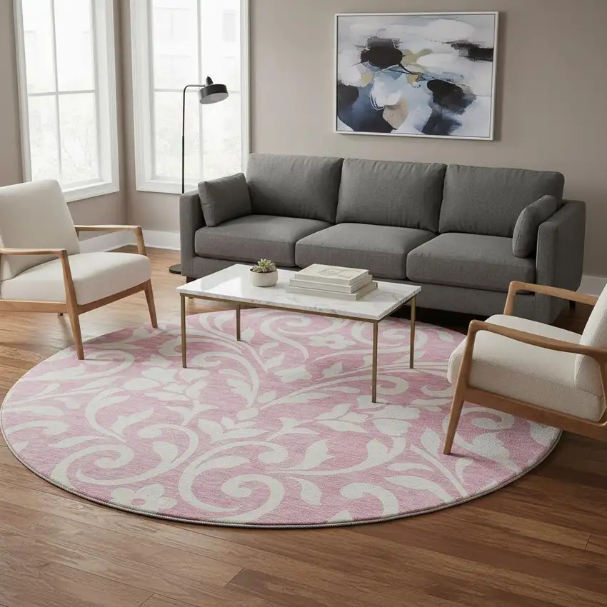 8' Pink And Ivory Floral Washable Round Rug With UV Protection Photo 2