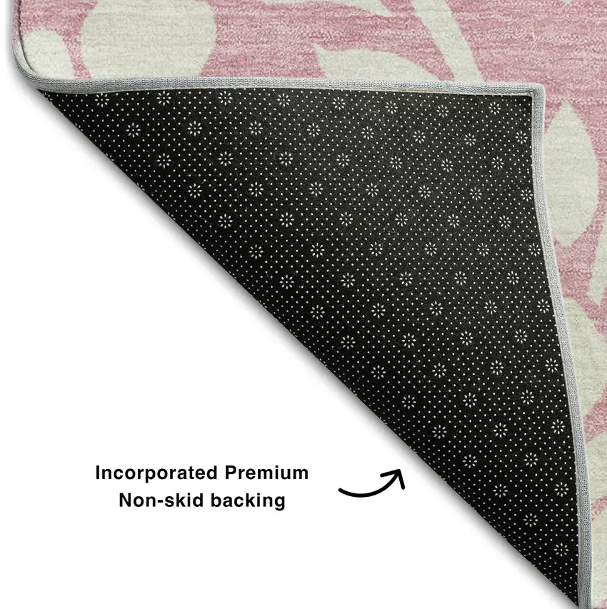 8' Pink And Ivory Floral Washable Round Rug With UV Protection Photo 6